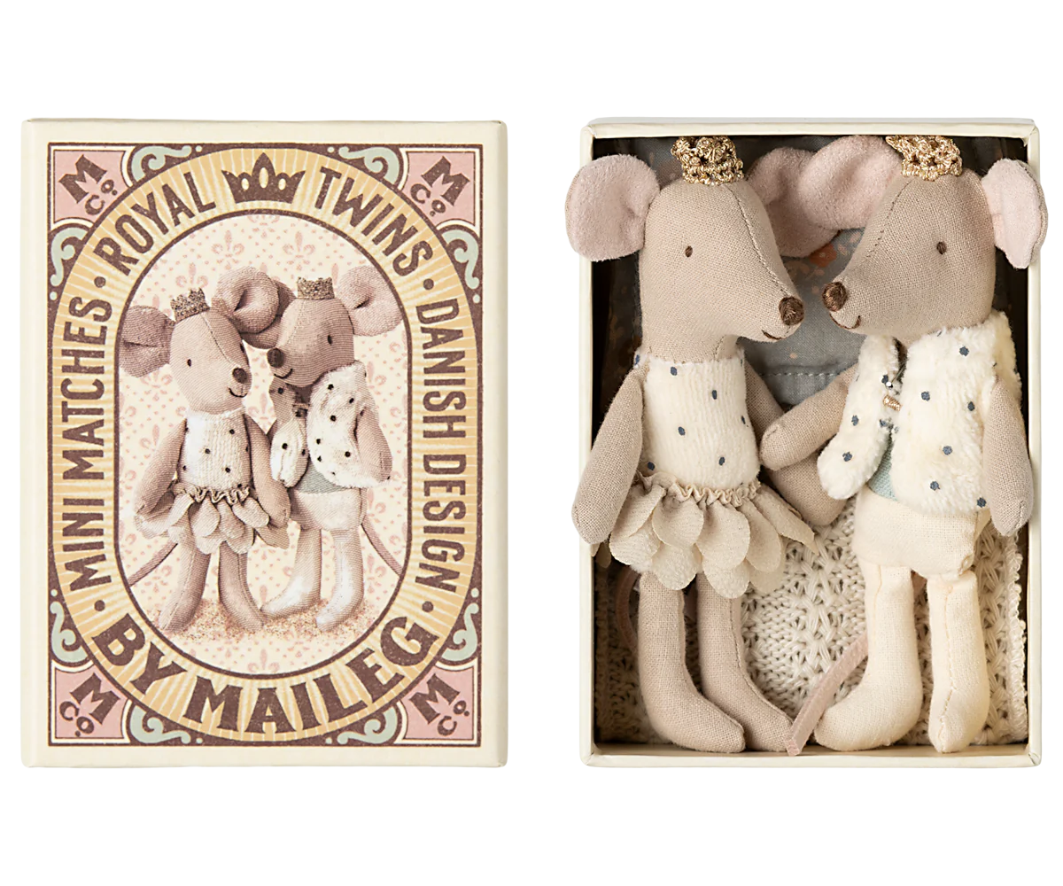 Maileg Royal Twin Mice Little Sister and Little Brother in Matchbox