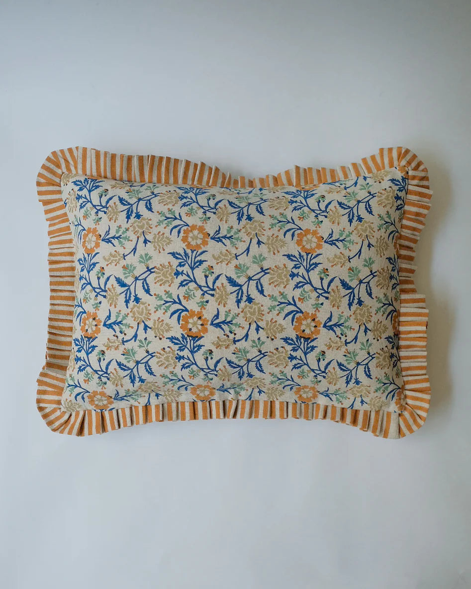 Soil to Studio Hand Block-printed Linen Pillowcase (Ink Blue) - Ruffle