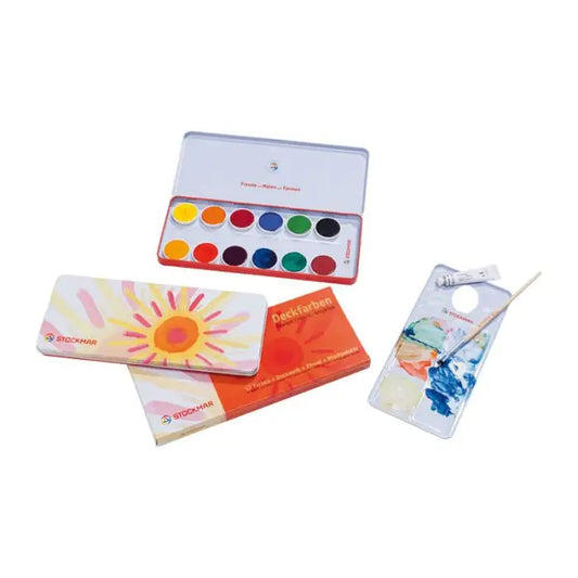 Stockmar Opaque Colours Set- 12 Colors, Opaque White, Brush + Palette